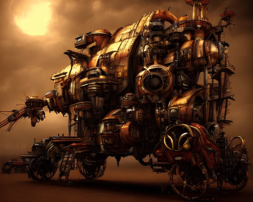 Steampunk locomotive with gears and pipes under dusky sky