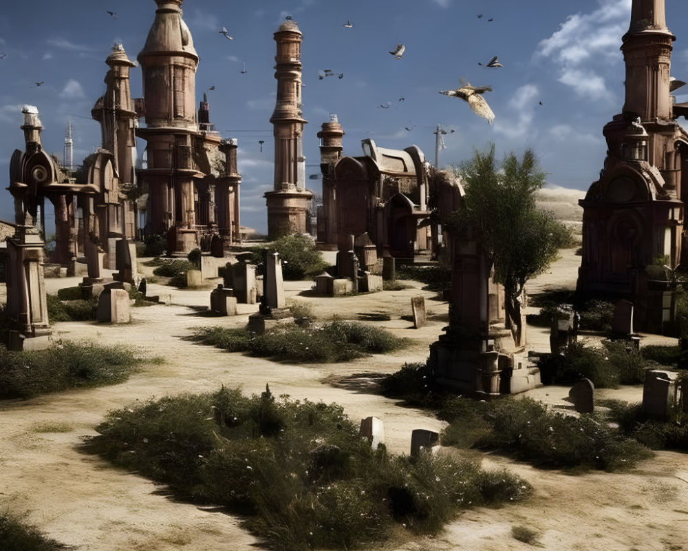 Ornate pillars and arches in desert ruins with flying birds