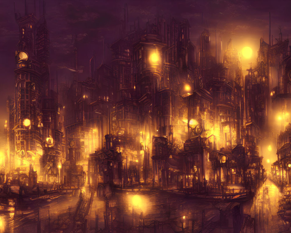 Moody Cyberpunk Cityscape with Golden Lights