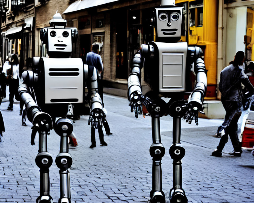 Cartoon-like humanoid robots on cobbled street with walking people