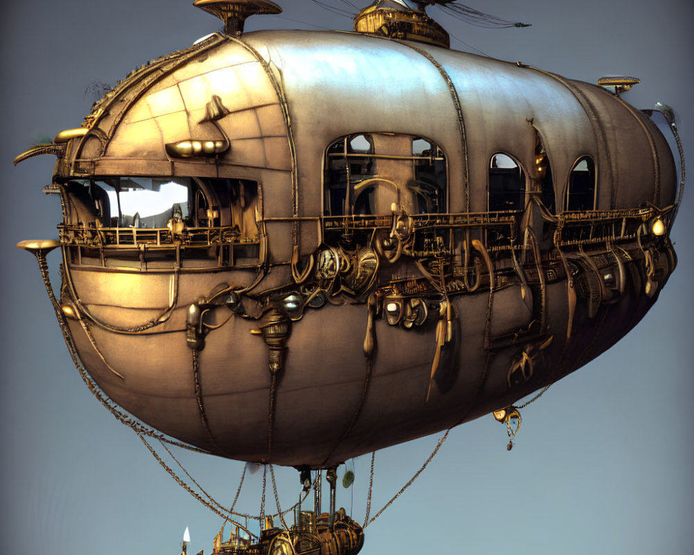 Steampunk-style airship with metallic hull and propellers