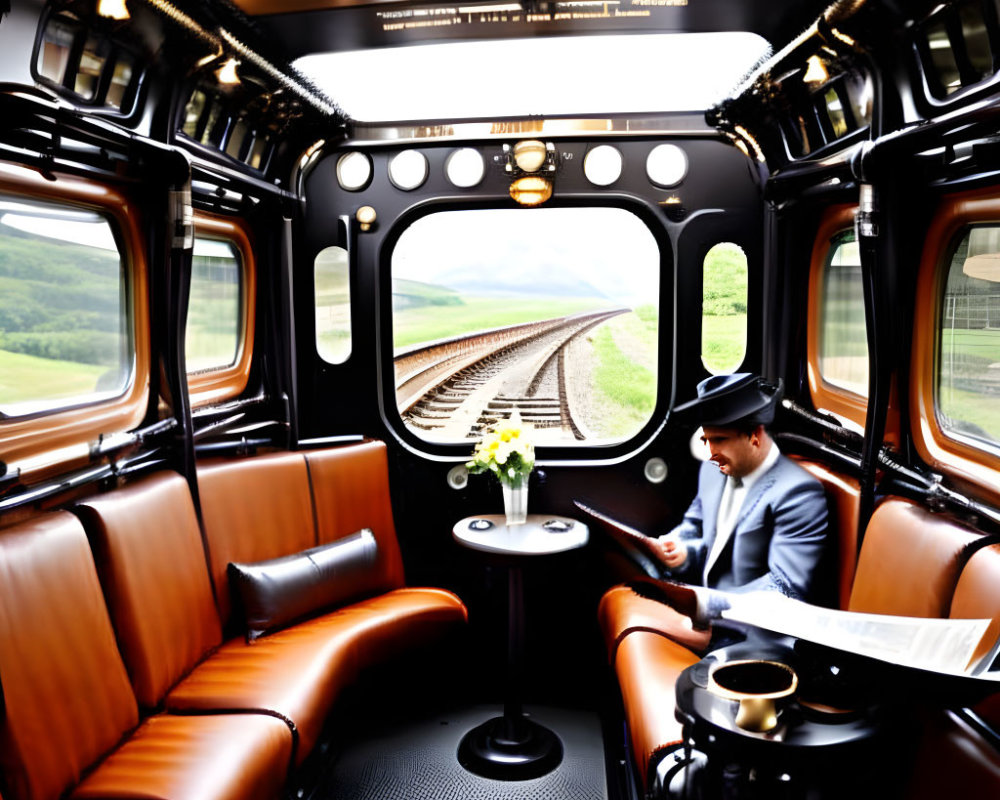 Person in Suit Reading Newspaper in Vintage Train Carriage