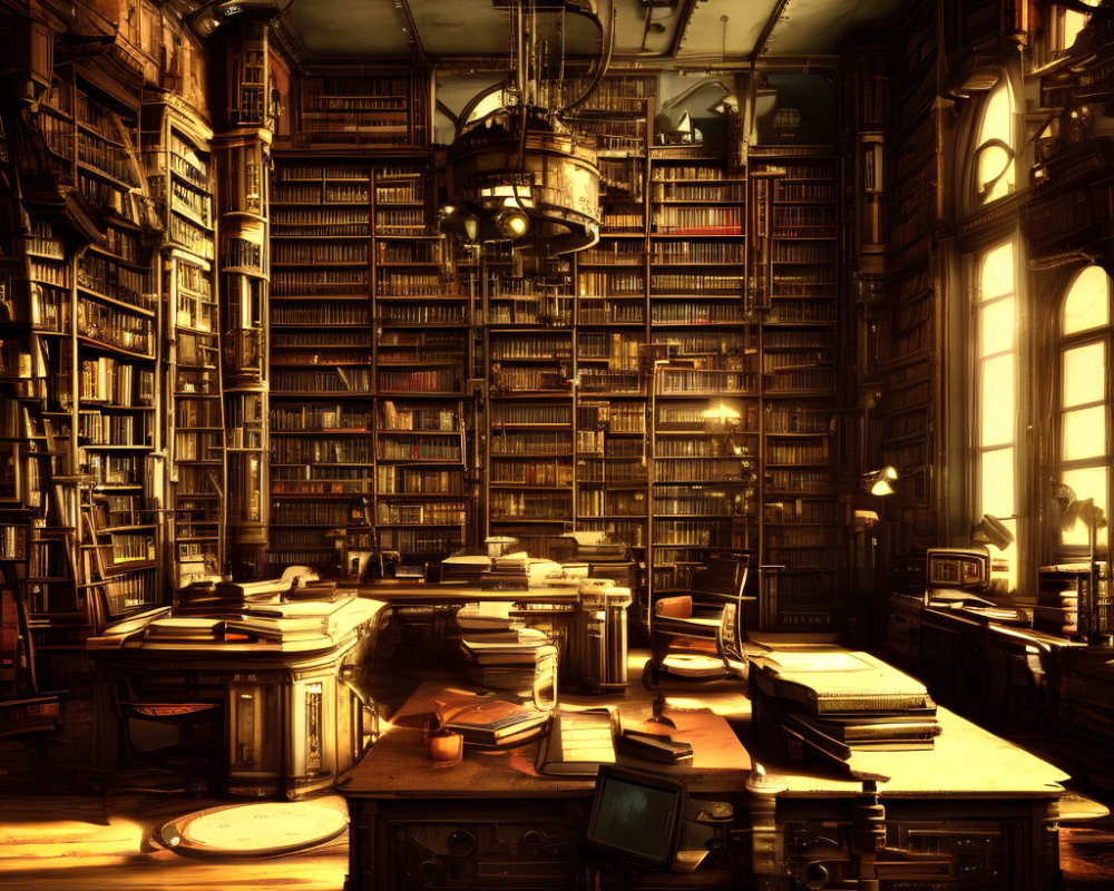 Vintage library with wooden bookshelves, chandelier, sunlight, and cluttered desks