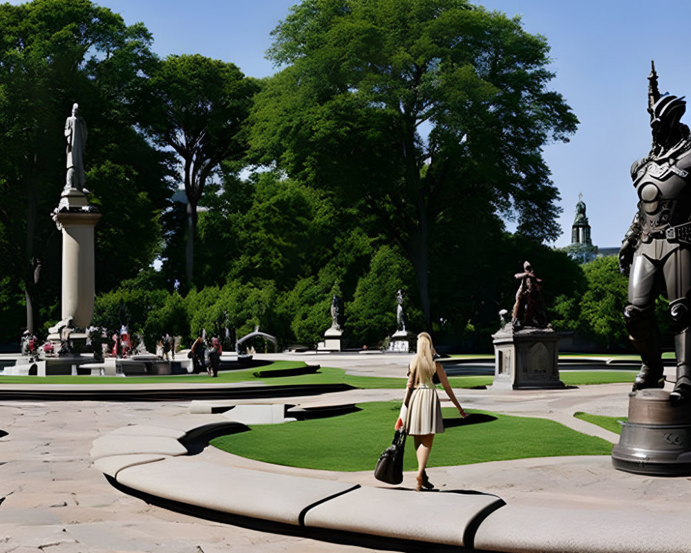 Woman walking in green park with sculptures and trees under clear sky