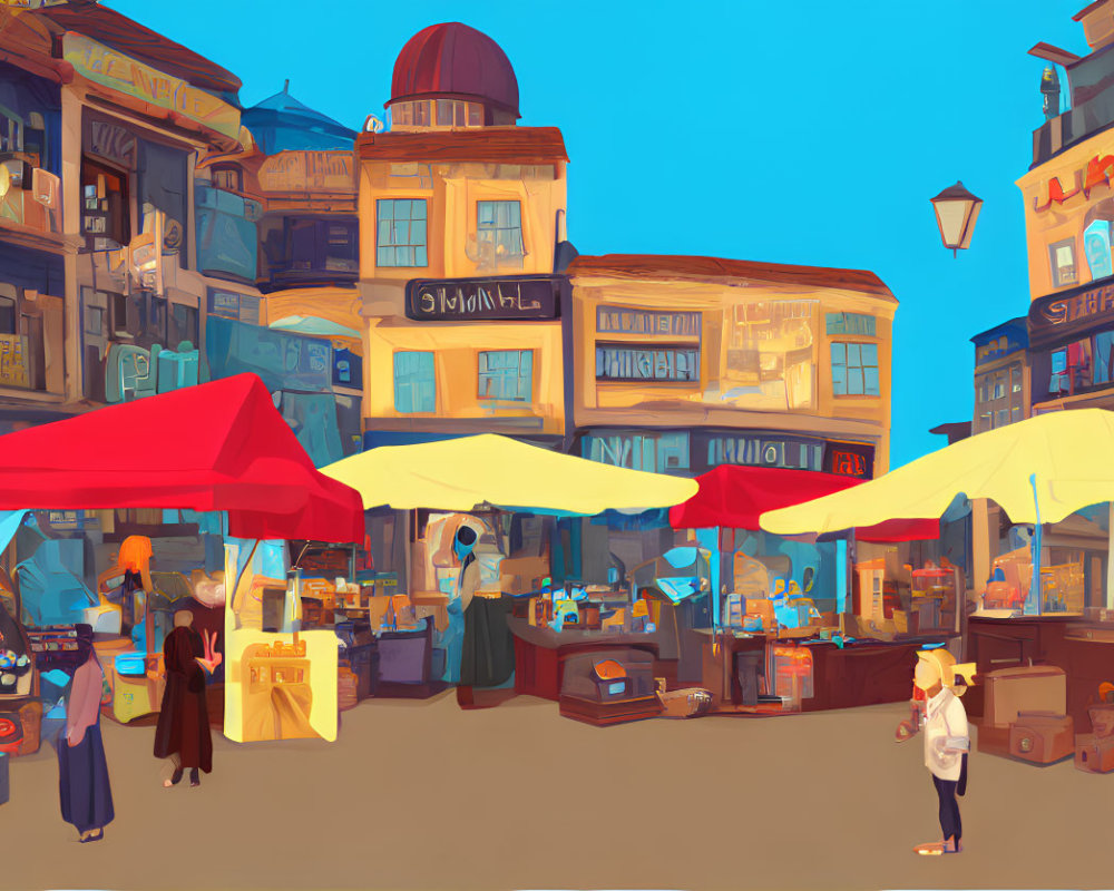 Colorful Market Scene with Bustling Shoppers and Quaint Buildings