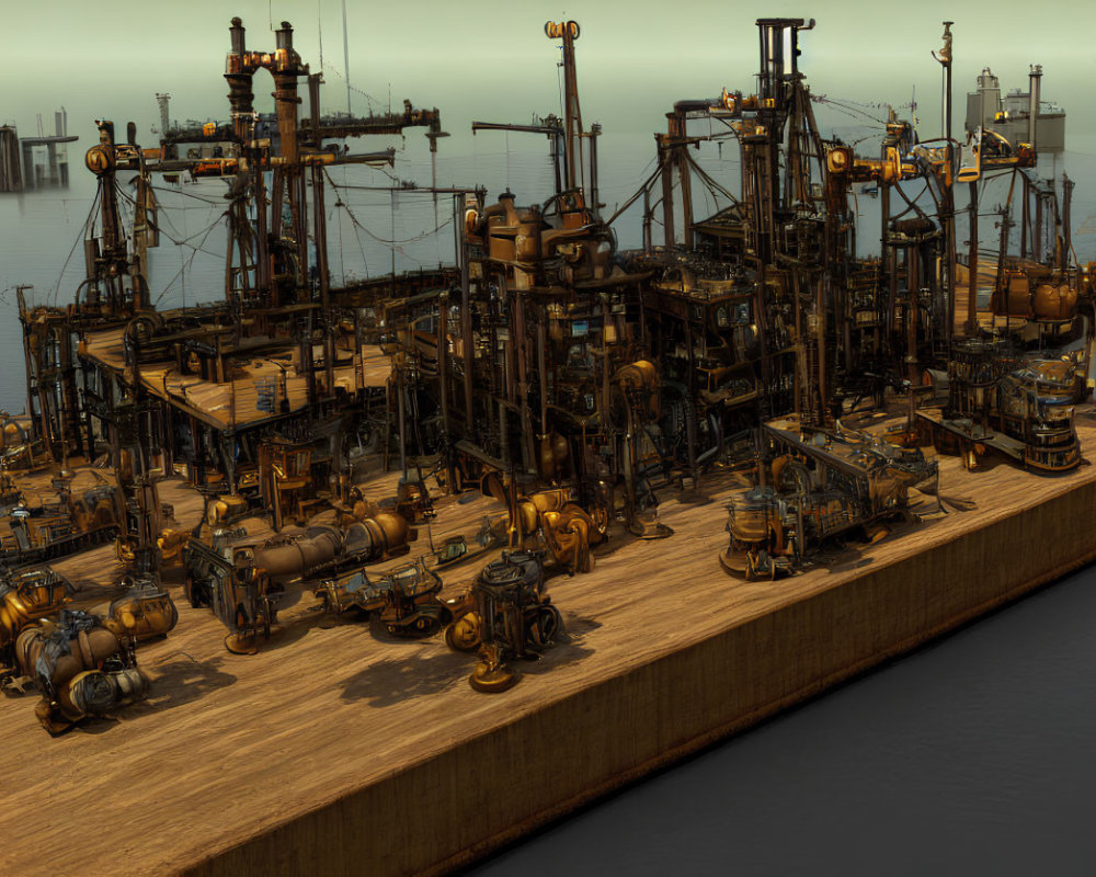 Industrial complex with pipes, tanks, and towers near a dock in warm lighting