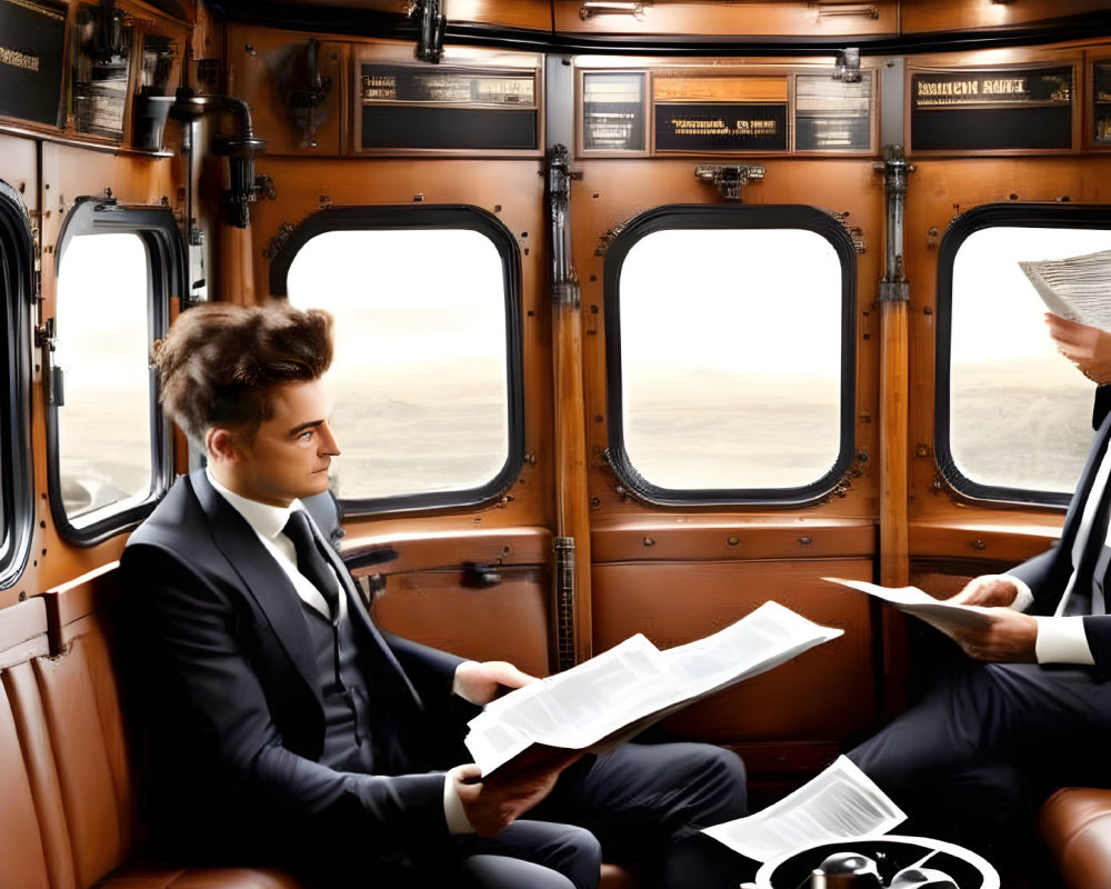 Two Men in Suits Inside Vintage Train Cabin with Leather Seats