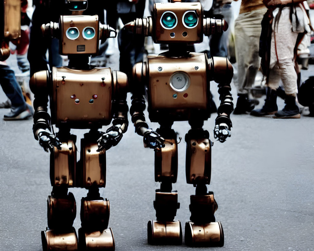 Steampunk humanoid robots on street with blurred background people