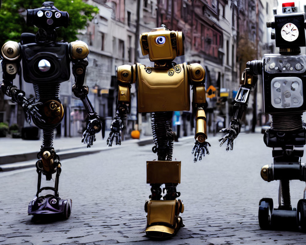 Three Unique Robots Standing on Urban Cobblestone Street