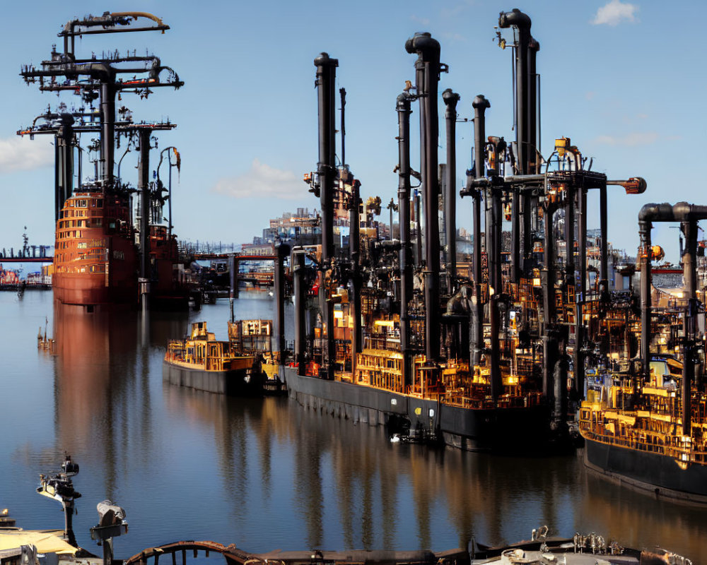 Busy industrial port with cargo ships, cranes, and machinery under clear sky