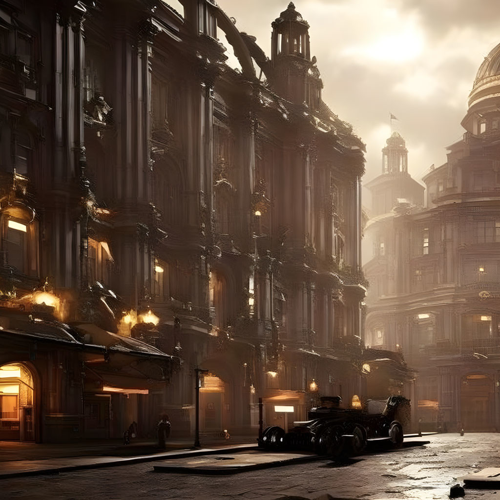 Ornate dark buildings and sleek black car in futuristic city street at dusk