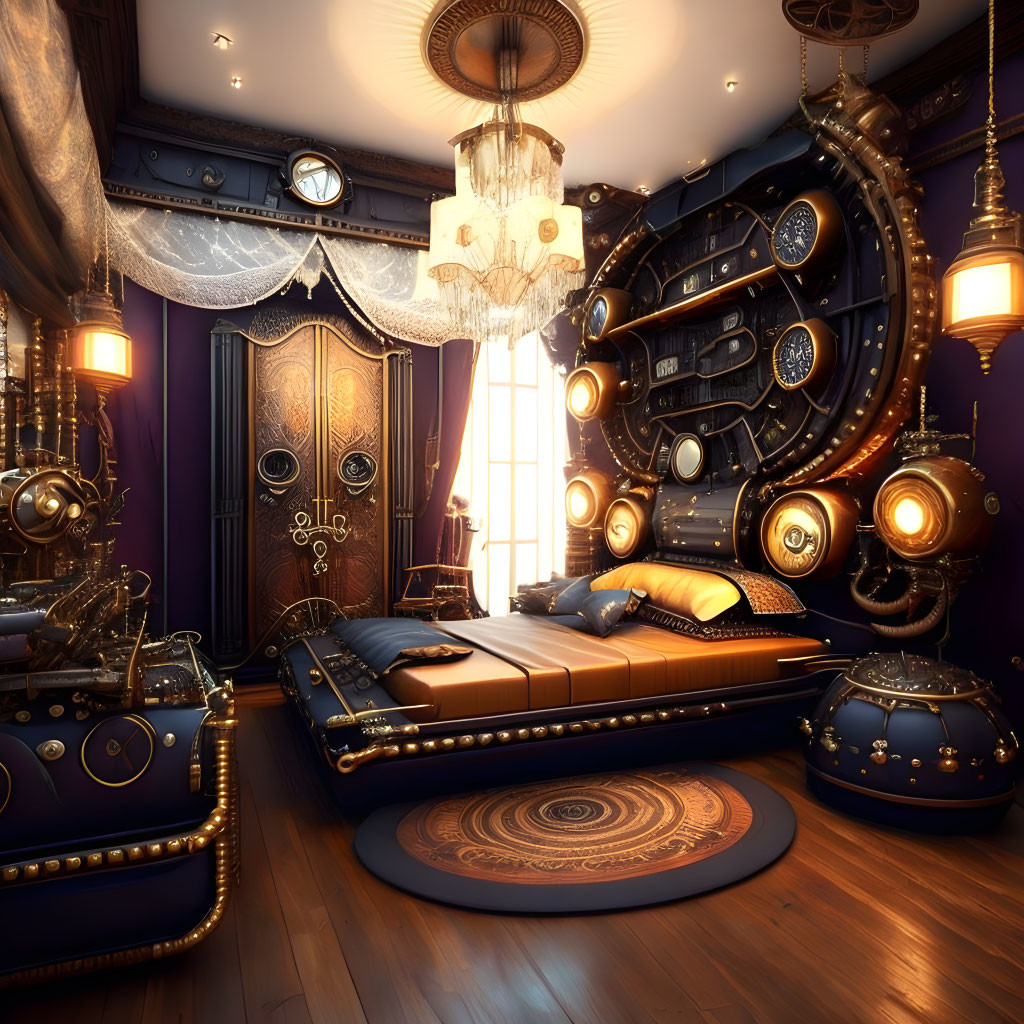 Luxurious Steampunk-Themed Bedroom with Brass Gears and Lavish Decor