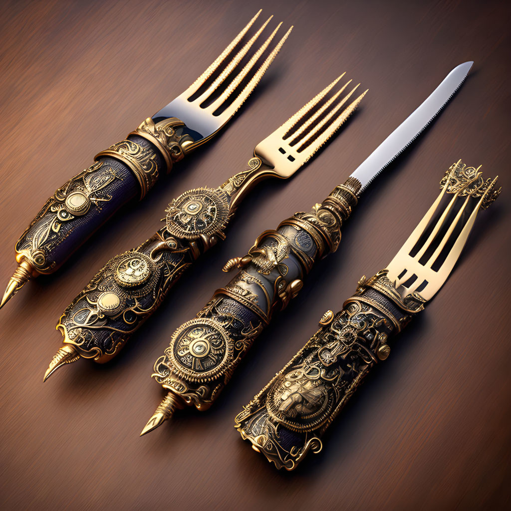 Baroque-style Gold and Black Cutlery Set on Wooden Background