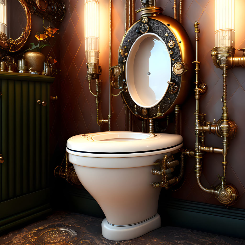 Steampunk-themed bathroom with vintage toilet, brass pipes, round mirror, and wall sconces