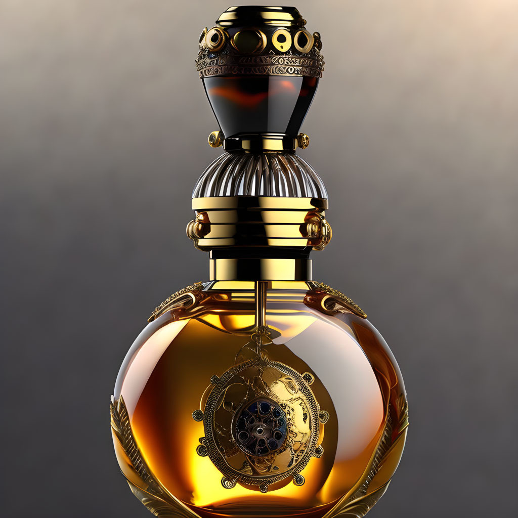 Golden Perfume Bottle with Amber Liquid on Gradient Background