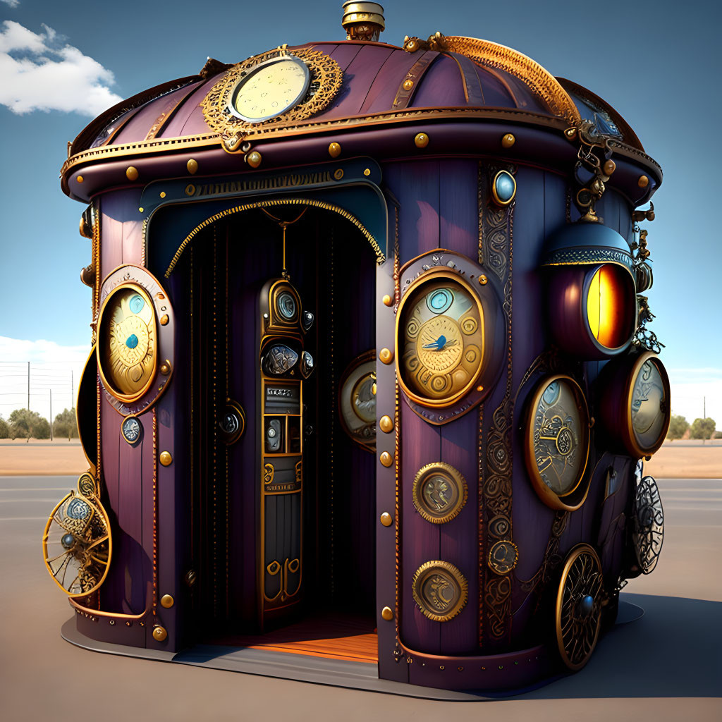 Steampunk-inspired caravan with brass accents and round windows