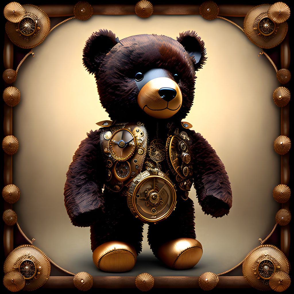 Steampunk-style Teddy Bear with Gear Frame