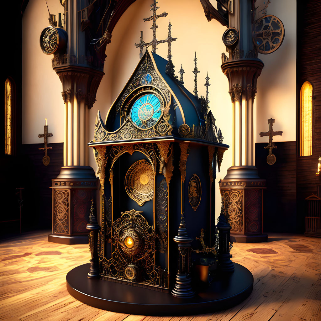 Gothic-style confessional booth in church interior with golden accents