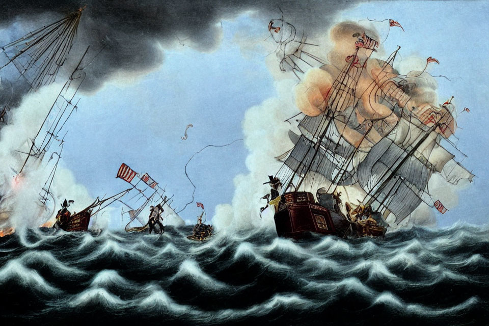 Stormy Ocean Artwork: Large Ship on Fire in Naval Battle