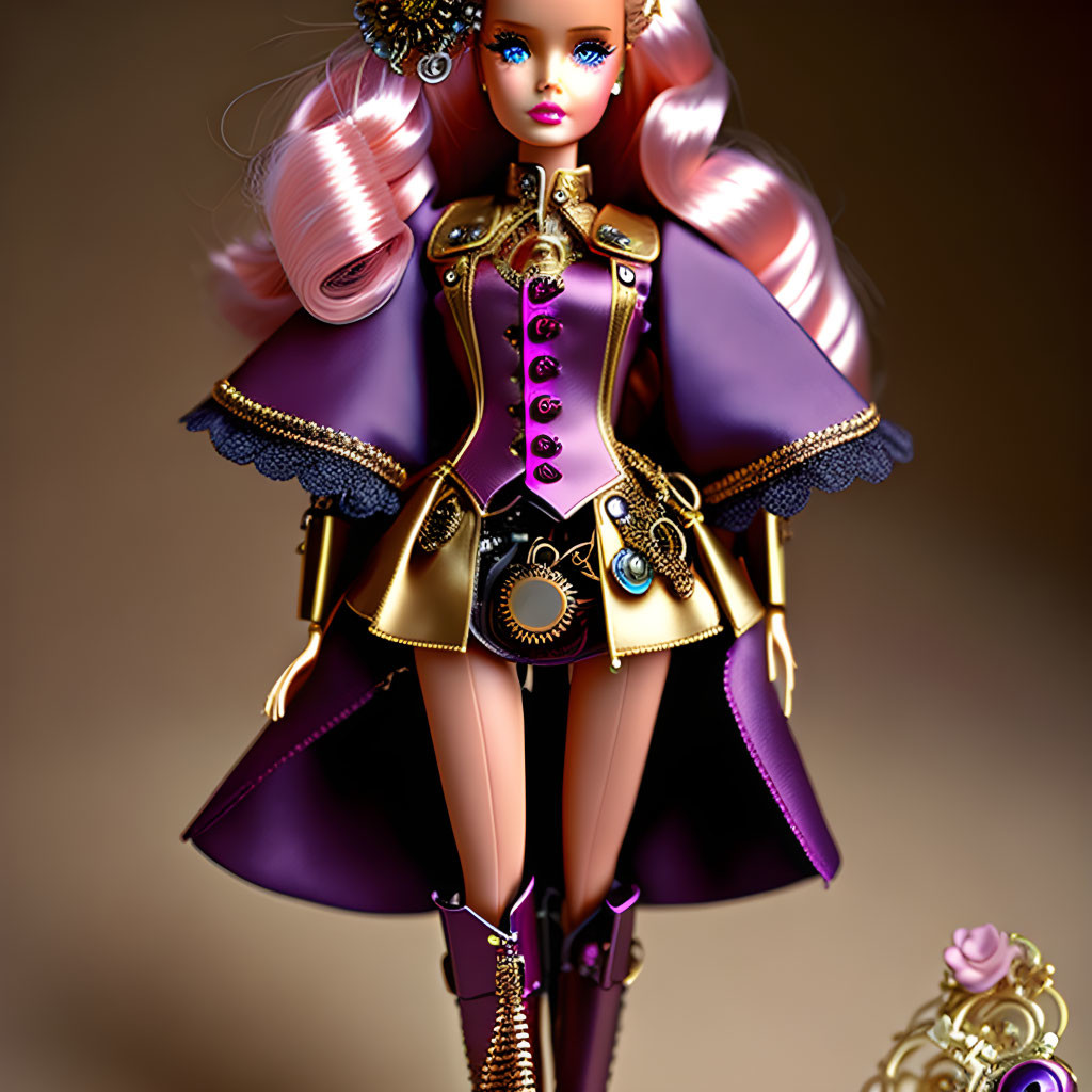 Steampunk-inspired doll with gold and purple outfit and intricate lace details