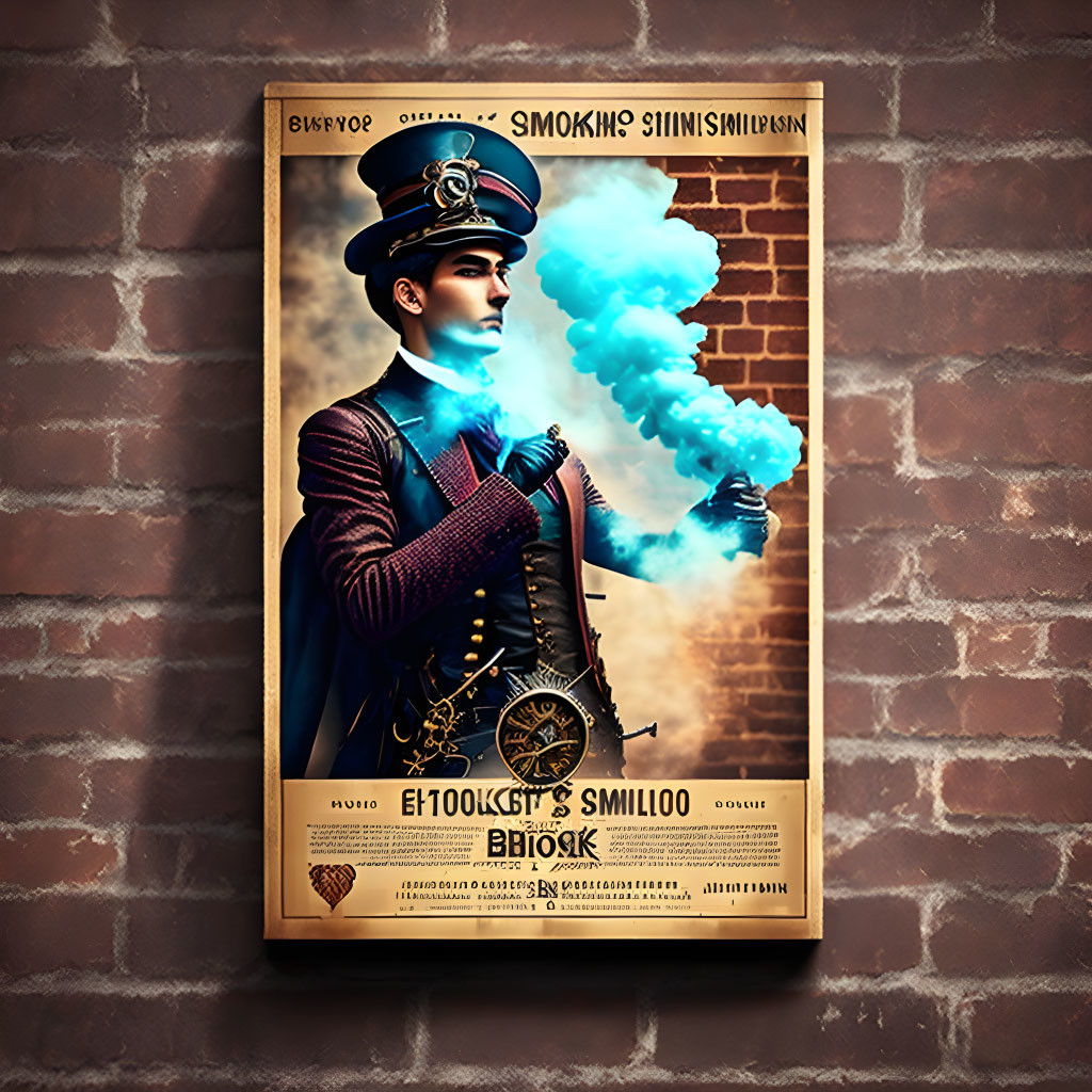 Vintage-themed Steampunk poster with person exhaling blue smoke and ornate gears