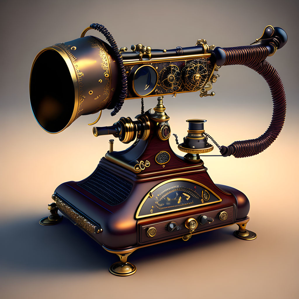 Steampunk-style brass and dark blue device with gears and pipes on tan background