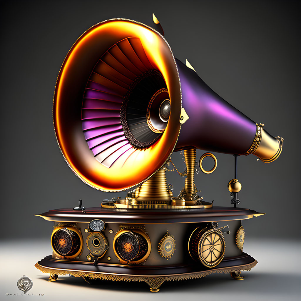 Ornate Gramophone with Large Horn Speaker and Vintage-Futuristic Design