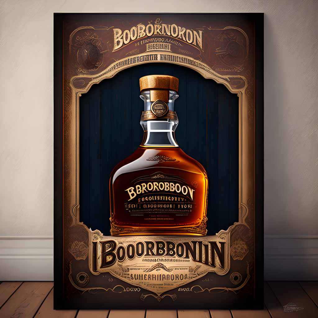 Intricate "Boorbonokon" whiskey poster with decorative label design