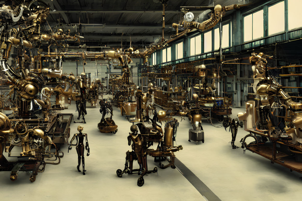 Steampunk-inspired factory with brass machines and humanoid robots