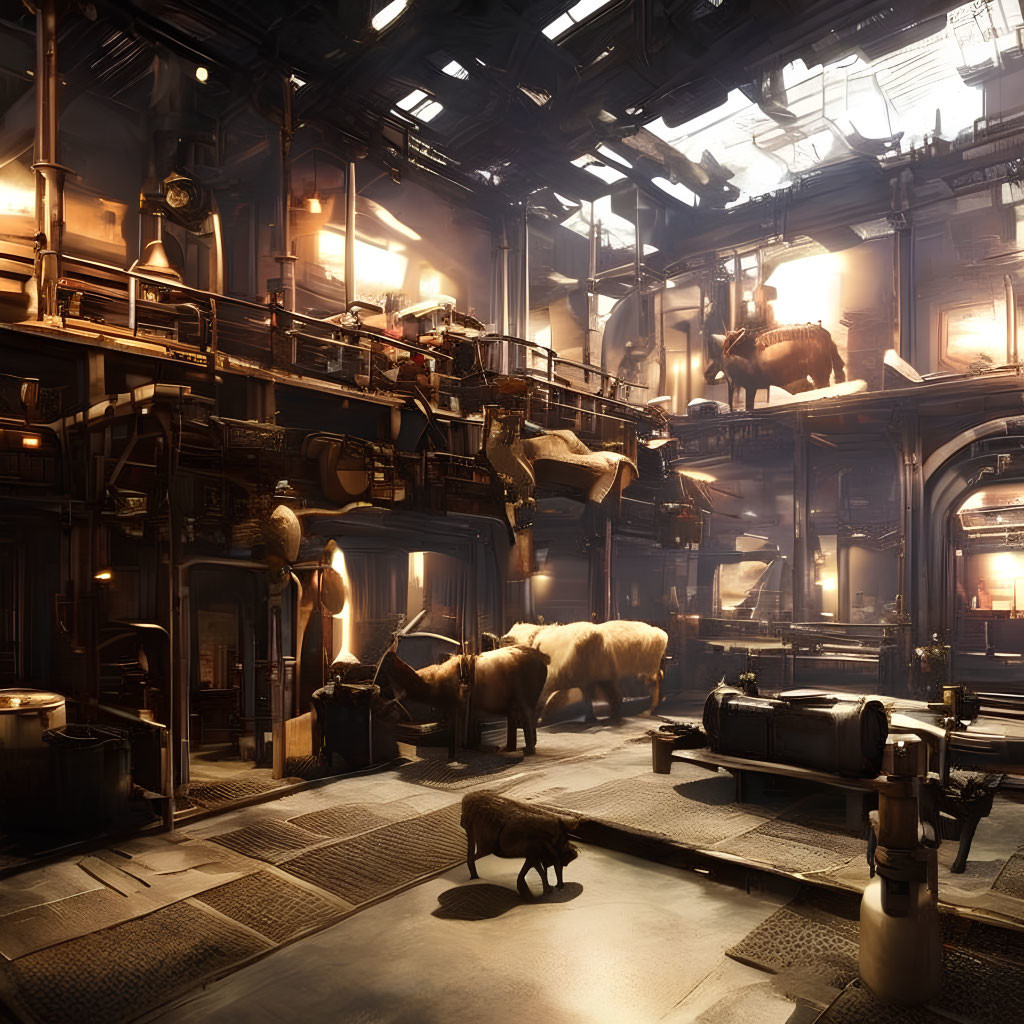 Steampunk-Inspired Industrial Interior with Large Gears, Pipes, and White Yak-like Animals