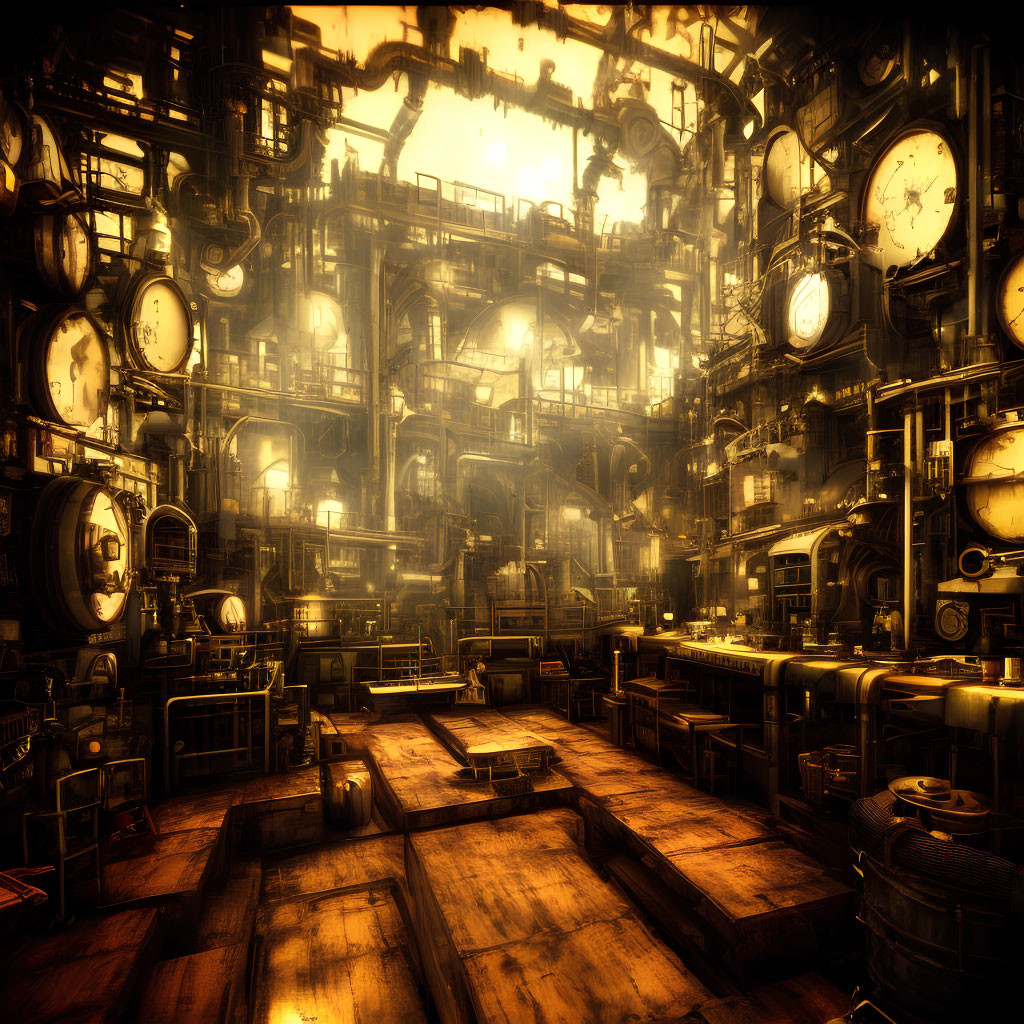 Steampunk interior with pipes, gears, and clocks in warm light