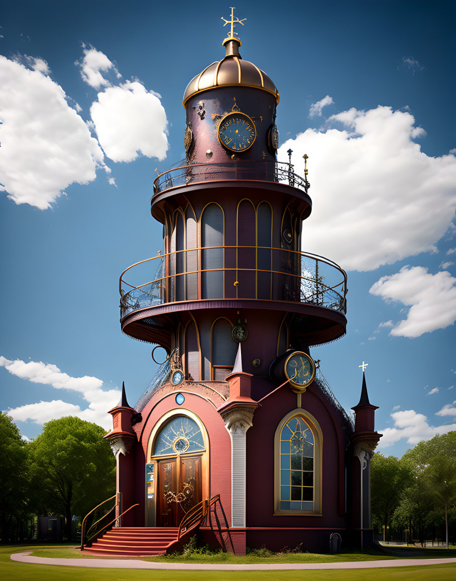 Clock tower with golden embellishments, balconies, red and brown facade under blue sky.