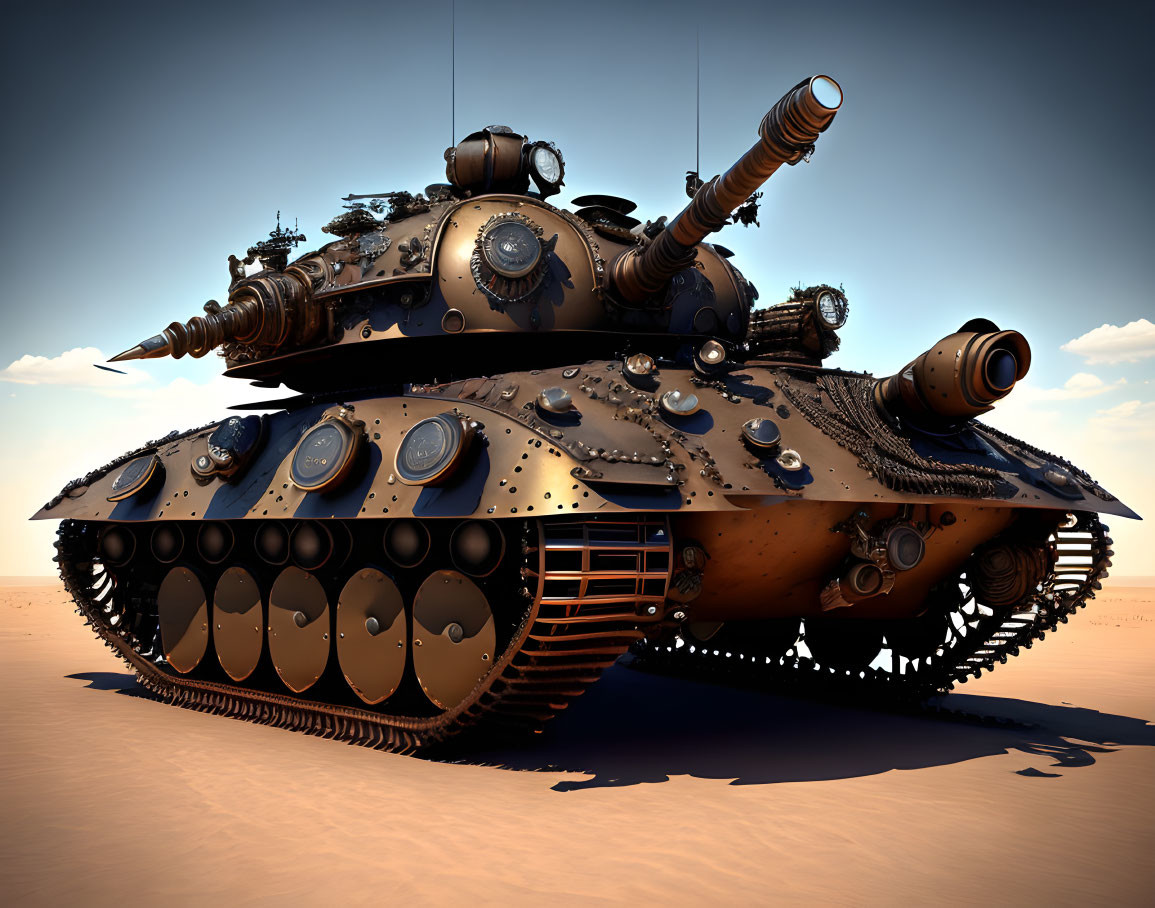 Steampunk-style tank with gears and pipes in desert setting