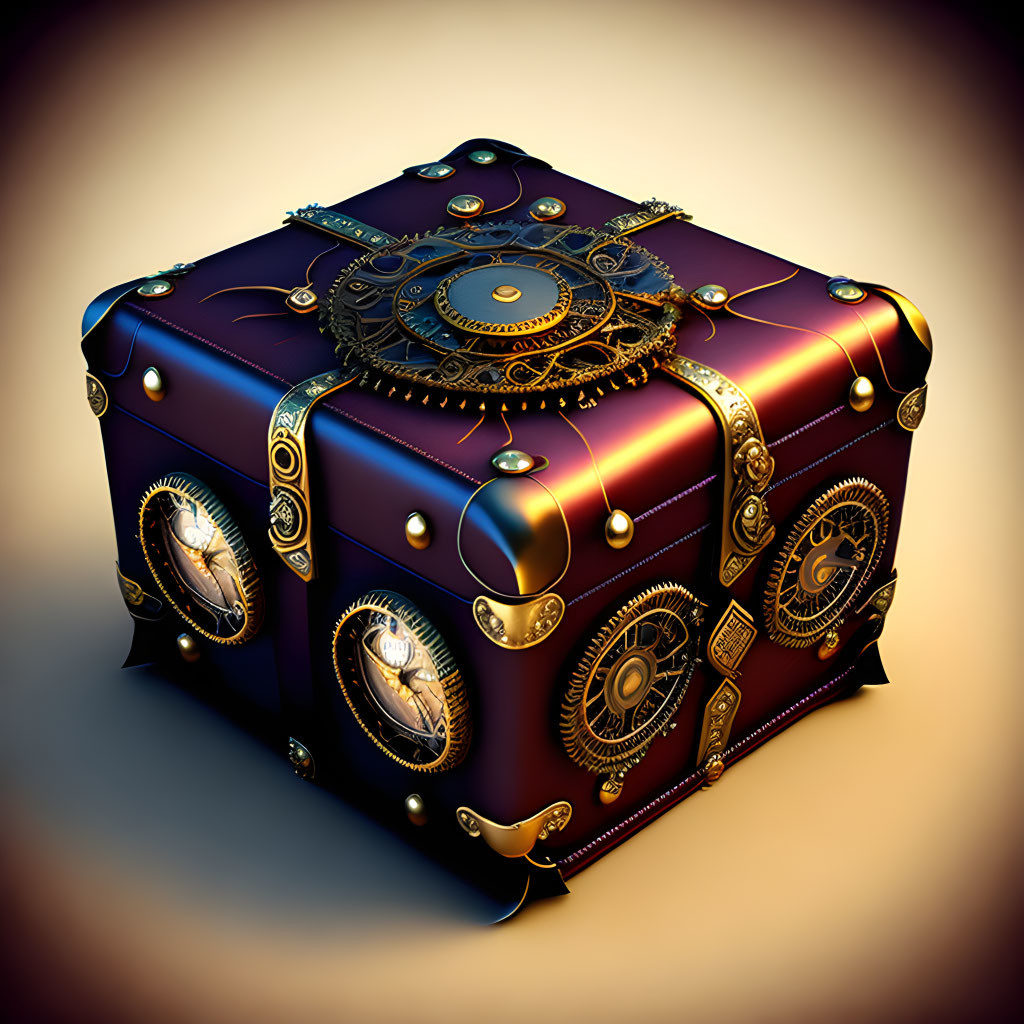 Purple and Gold Steampunk-Inspired Ornate Box with Mechanical Gears