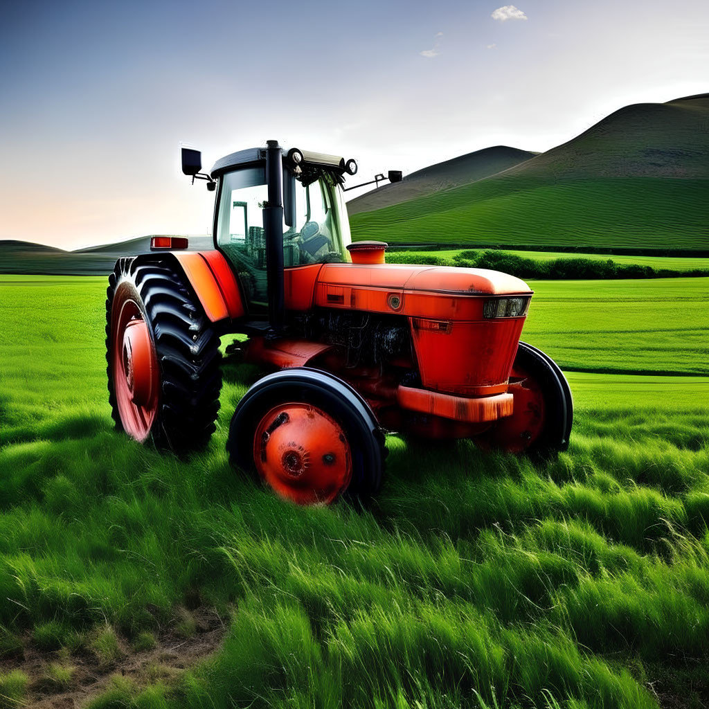 Red Tractor in Green Field with Rolling Hills at Dusk or Dawn