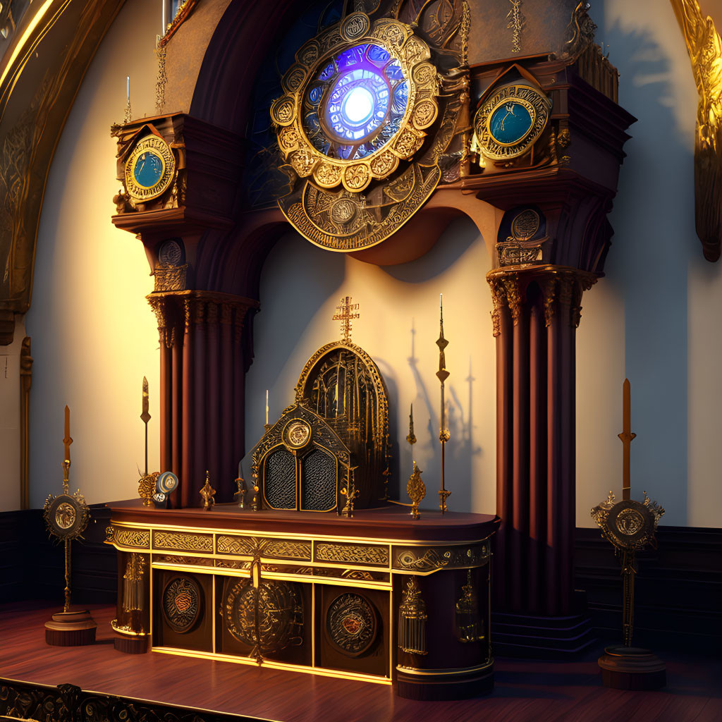 Opulent Gothic interior with altar, stained glass, golden wood designs