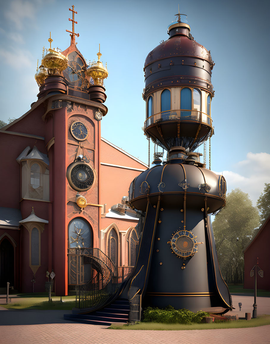 Steampunk-style structure with gears beside a red church.