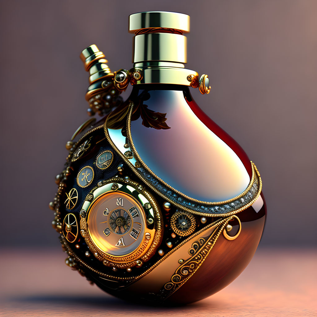 Steampunk-inspired ornate perfume bottle with metallic gears and golden filigree.