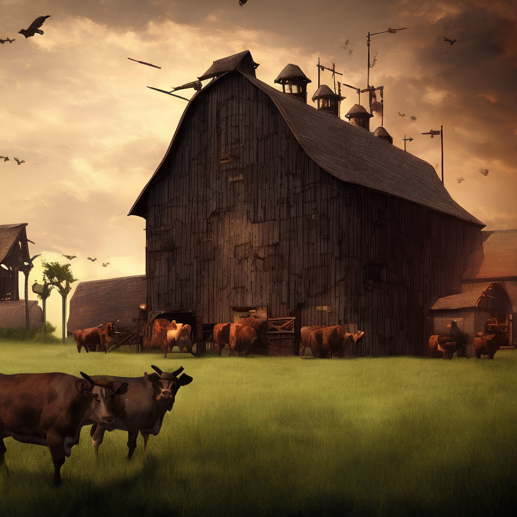 Rustic barn, cattle grazing, birds flying in serene rural scene