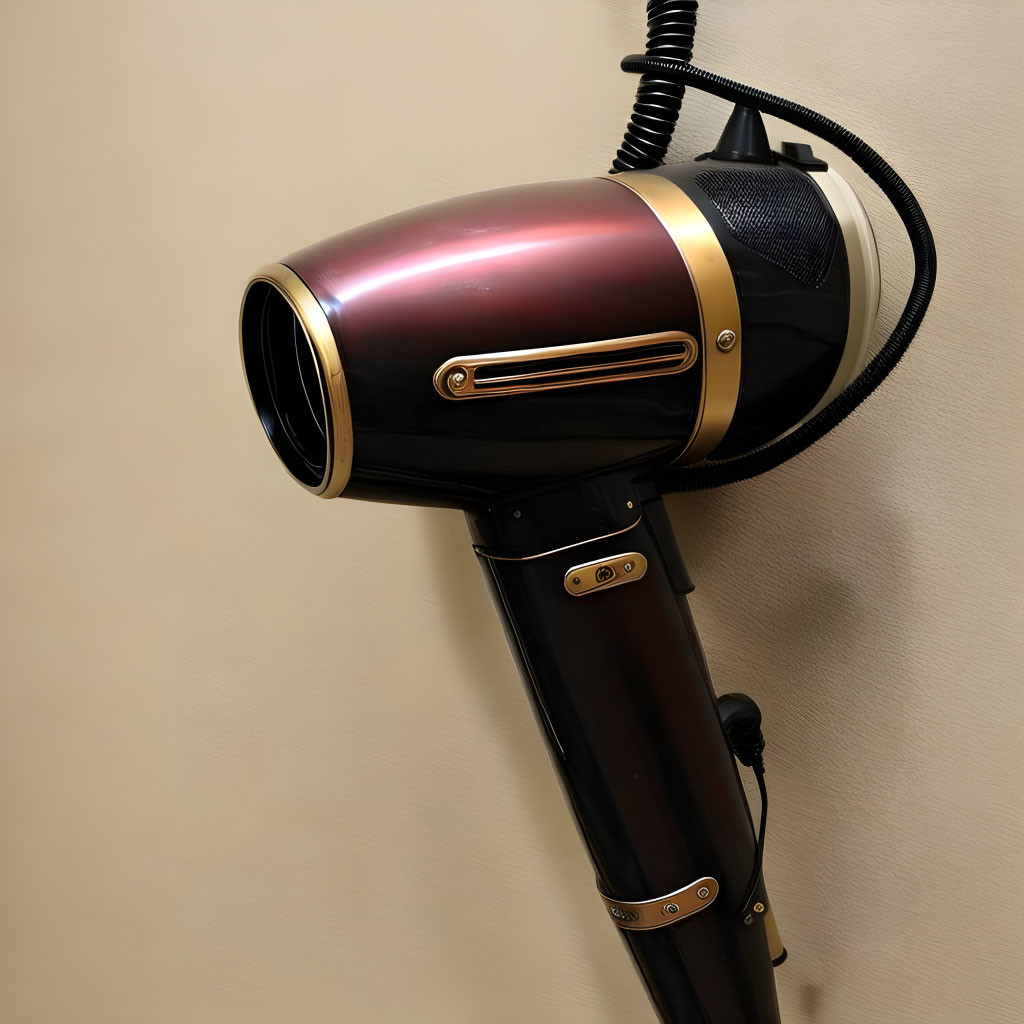 Wall-Mounted Black and Gold Hairdryer on Beige Background