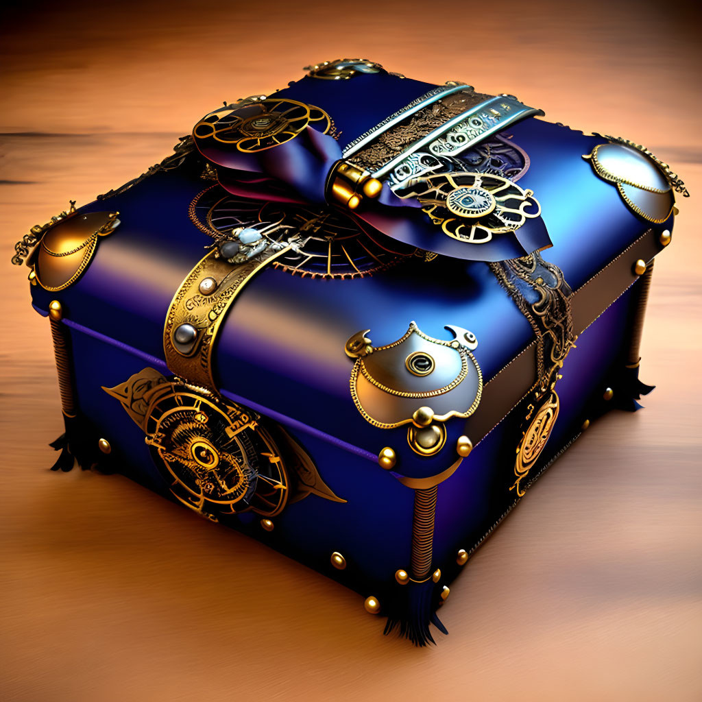 Intricate Steampunk-Style Box with Gold Gears and Blue Glossy Surface