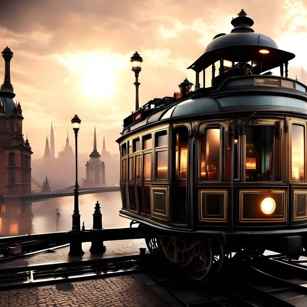 Vintage Tram on Cobblestone Tracks at Sunset with Gothic Spires