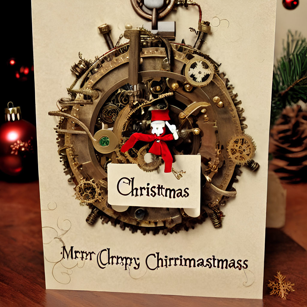 Steampunk-style Christmas wreath with gears and Santa figurine on festive background.