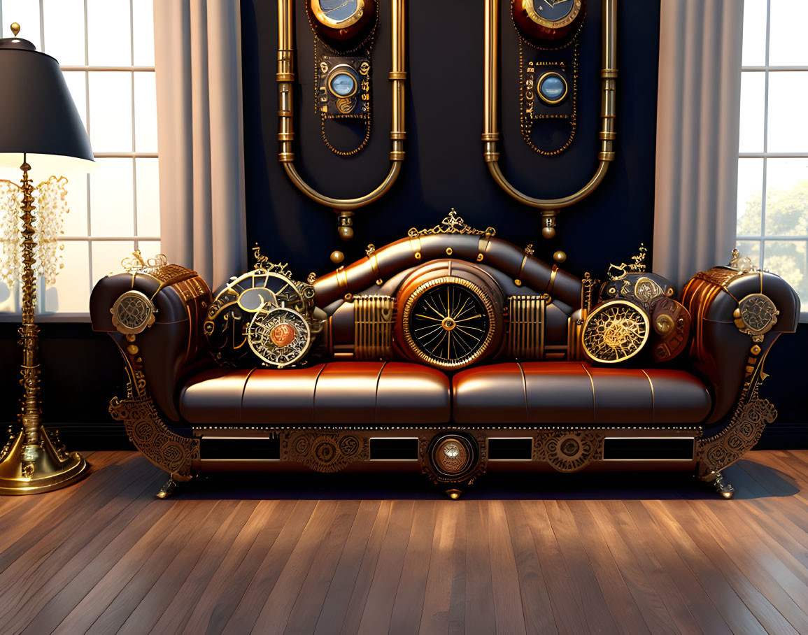 Luxurious Steampunk-Themed Sofa with Metallic Gears and Cog Details