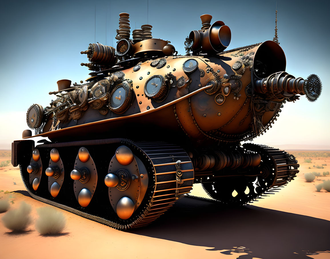 Steampunk-style tank with gears in sandy desert