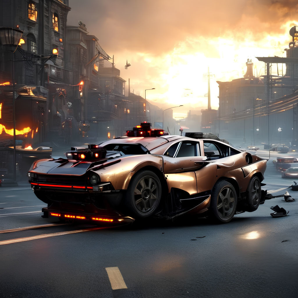 Futuristic police car with flashing lights in dystopian city street at sunset