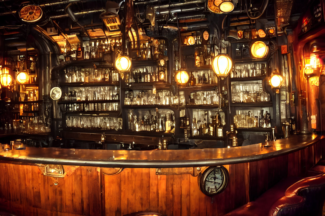 Retro Bar with Wooden Counter and Dim Pendant Lighting