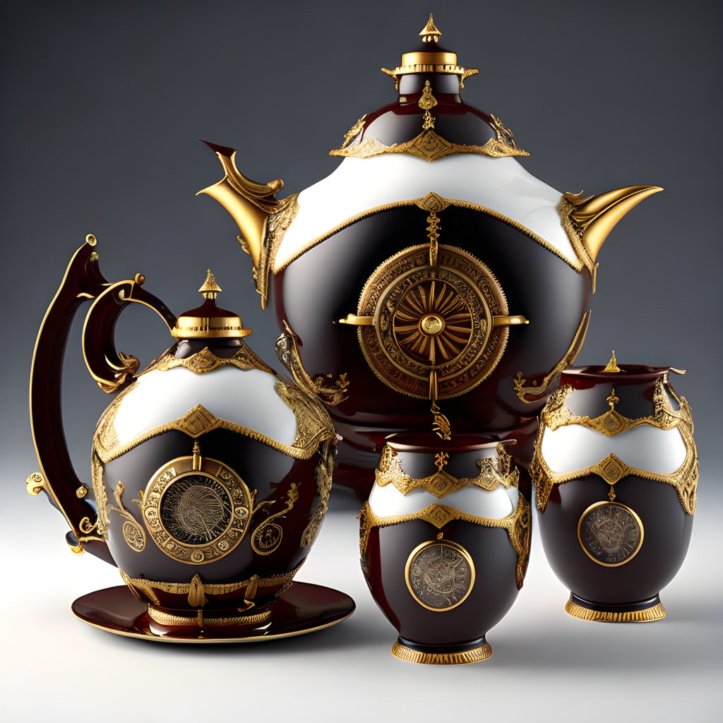 Elegant Tea Set with Dark Glossy Finish and Gold Accents