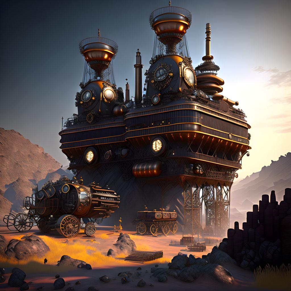 Steampunk-style architecture with metal gear elements in desert scene