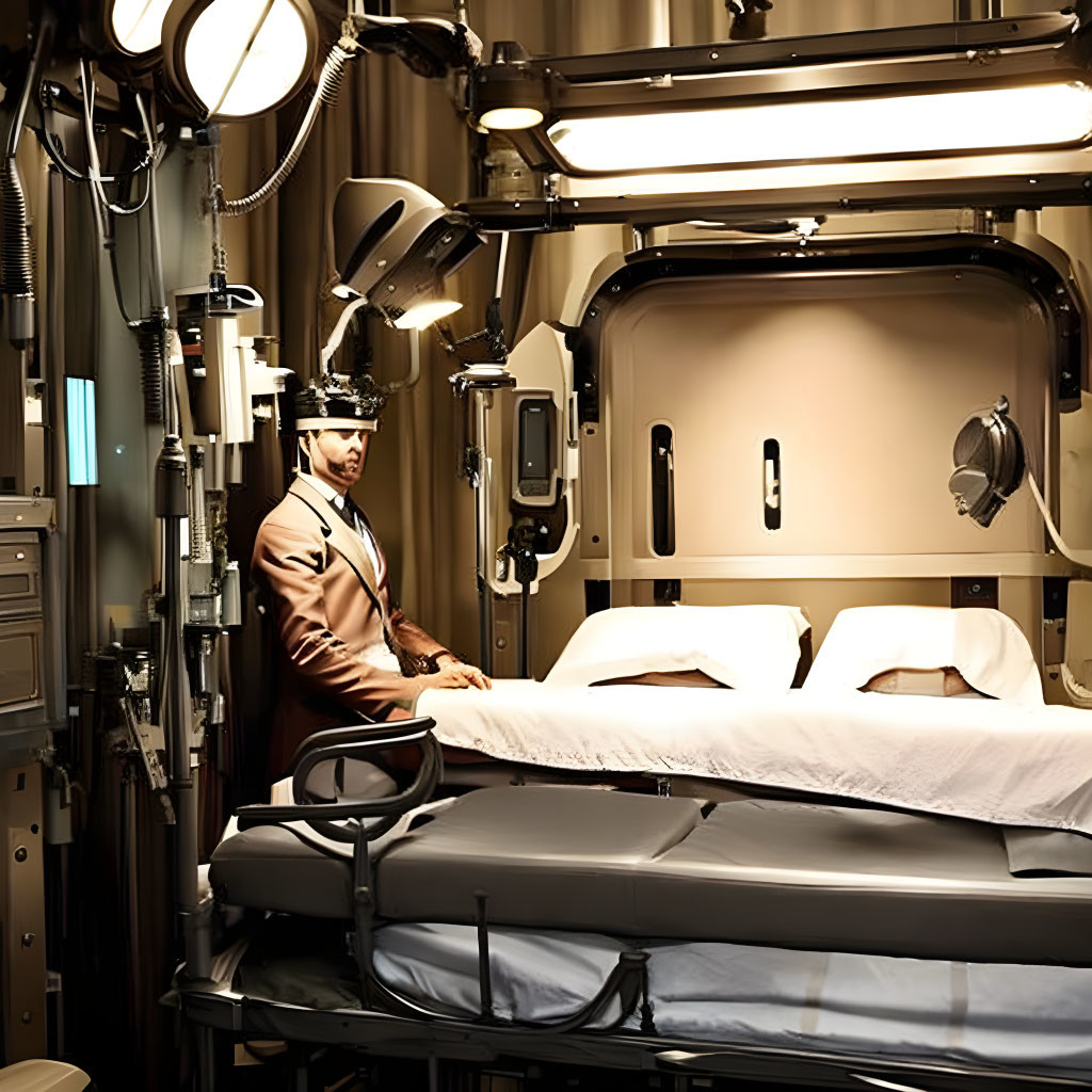 Compact industrial-style room with man in suit beside bunk bed